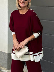 Buttoned Split-Side High-Low Long Sleeves Round-Neck Sweater Tops Pullovers