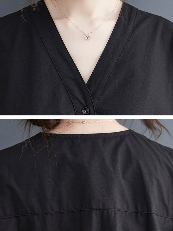 Elasticity Solid Color Half Sleeves Loose V-Neck Mini Dresses