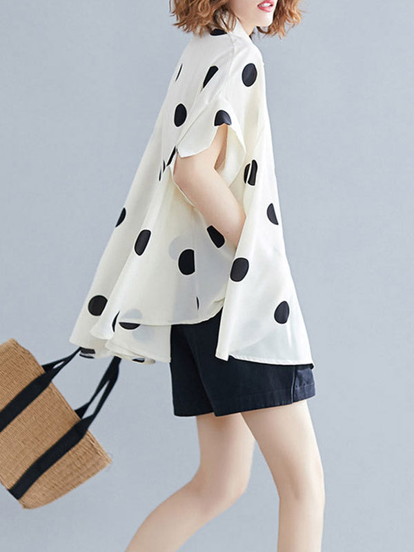 Buttoned Polka-Dot Batwing Sleeves Half Sleeves Lapel Blouses&Shirts Tops