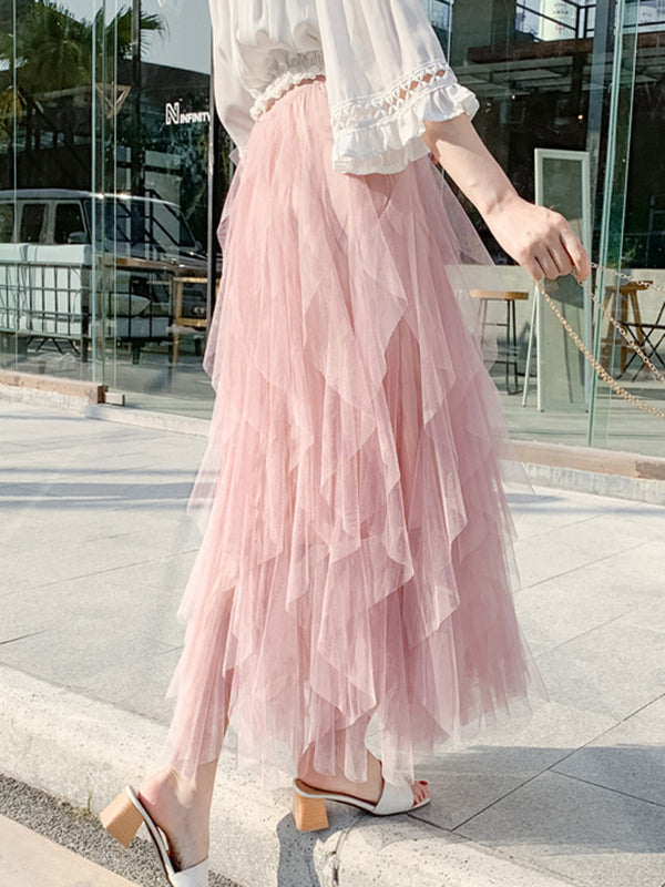 Original Stylish Irregular Mesh Solid Color Skirt