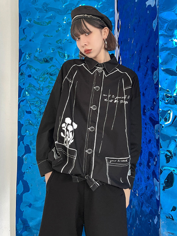 Casual Contrast Color Printed Drawstring Blouse Top