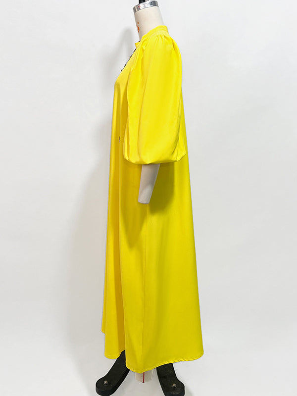 Hollow Rhine Stones Solid Color Bishop Sleeve Loose Mock Neck Maxi Dresses