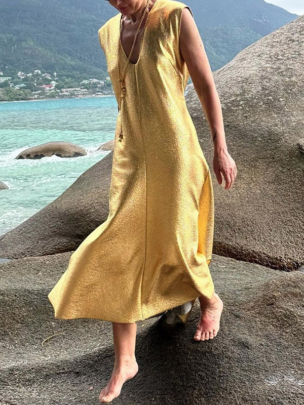 Solid Color Loose Sleeveless Deep V-Neck Maxi Dresses