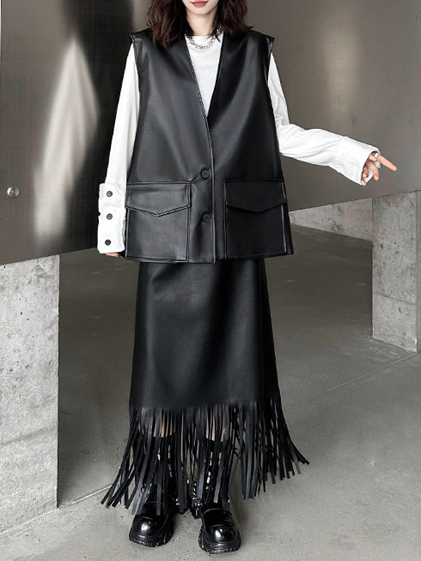 Buttoned Pockets Solid Color Loose Sleeveless V-neck Vest Outerwear