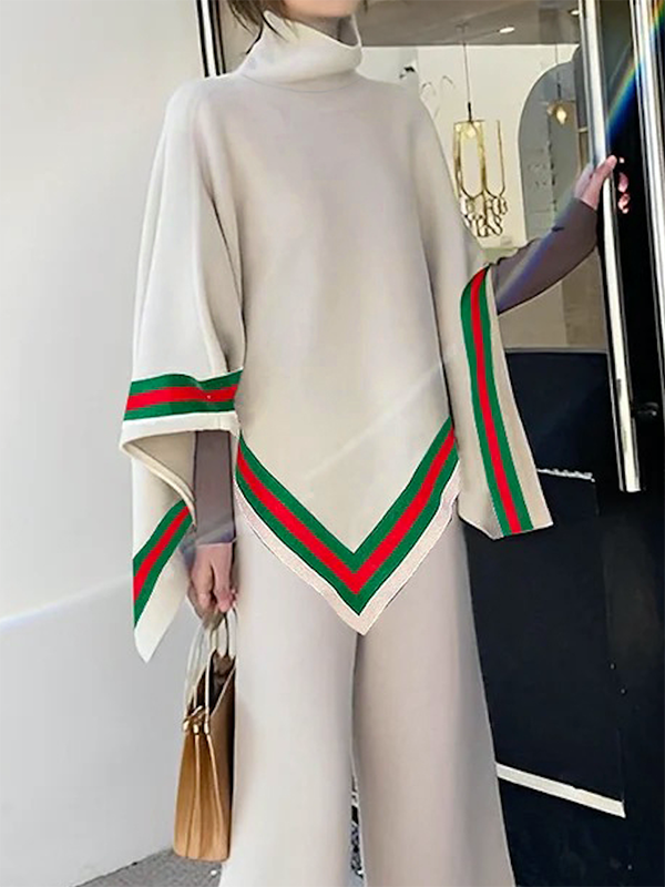 Asymmetric Striped Irregular Clipping Loose High Neck Sweater Tops
