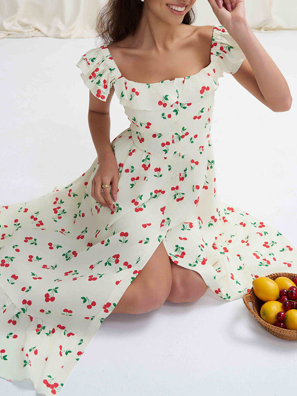 Buttoned Elasticity Flower Print Pleated High Waisted Loose Square-neck Midi Dresses