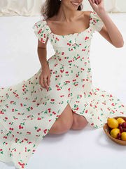 Buttoned Elasticity Flower Print Pleated High Waisted Loose Square-neck Midi Dresses