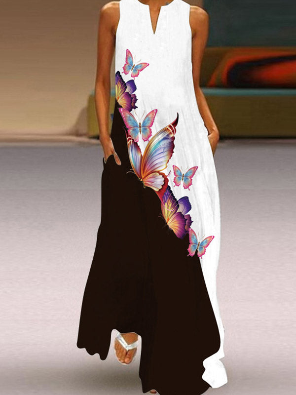 Butterfly Print A-Line Loose Round-Neck Maxi Dresses