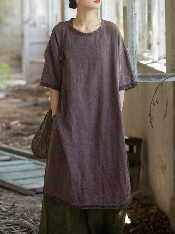 Fringed Solid Color Split-Joint Split-Side Half Sleeves High-Low Round-Neck Midi Dresses