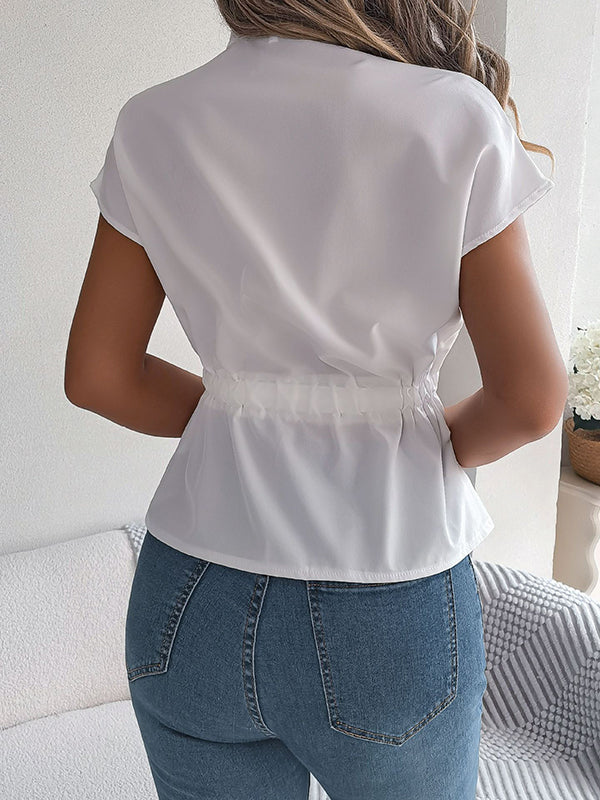 Drawstring Split-Joint Loose Short Sleeves Round-neck Blouses&shirts Tops
