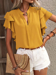 Ruffle Trim Solid Color Loose Ruffle Sleeves V-Neck Blouses&Shirts Tops