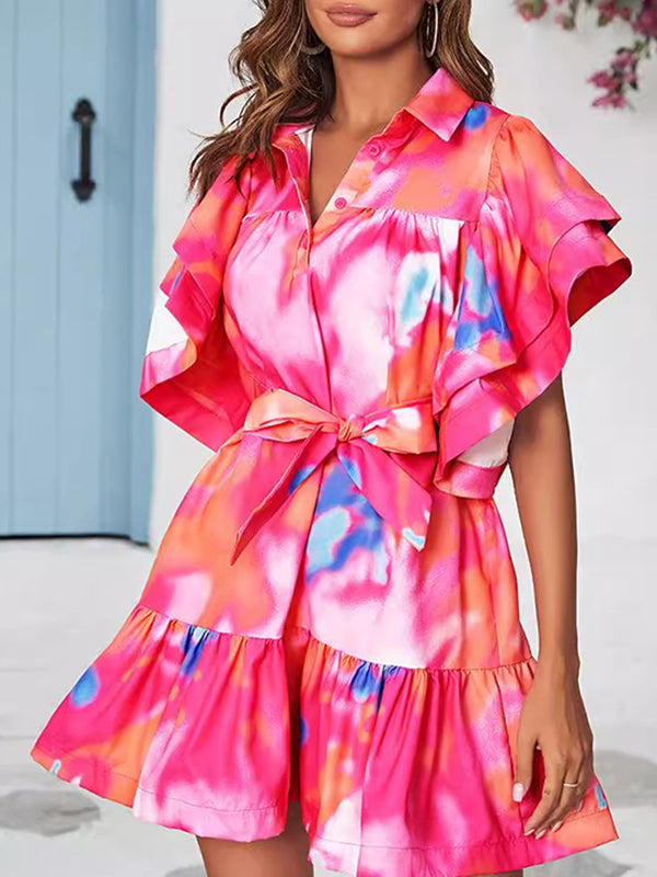 Buttoned Leaves Print Split-Joint Tied Waist Tie-Dyed Loose Ruffle Sleeves Lapel Mini Dresses