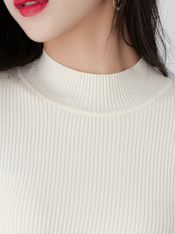 Simple Long Sleeves Skinny Solid Color High-Neck Pullovers