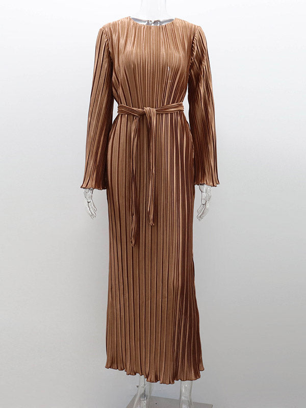 Pleated Solid Color Flared Sleeves Long Sleeves Round-Neck Maxi Dresses