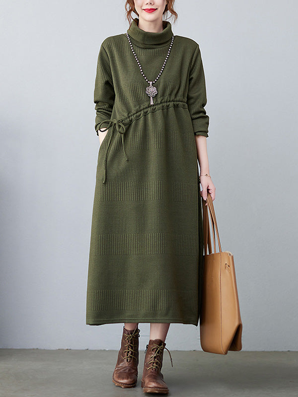 Casual Loose Solid Color Drawstring High-Neck Long Sleeves Sweater Dress