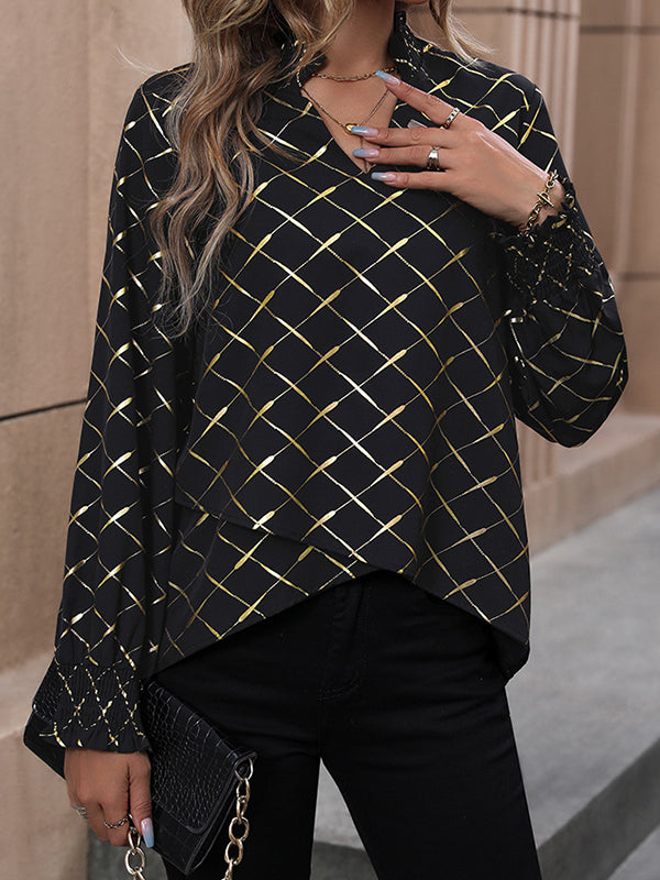 Bronzing Elasticity Split-Joint Long Sleeves Loose V-Neck Blouses&Shirts Tops
