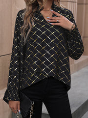 Bronzing Elasticity Split-Joint Long Sleeves Loose V-Neck Blouses&Shirts Tops