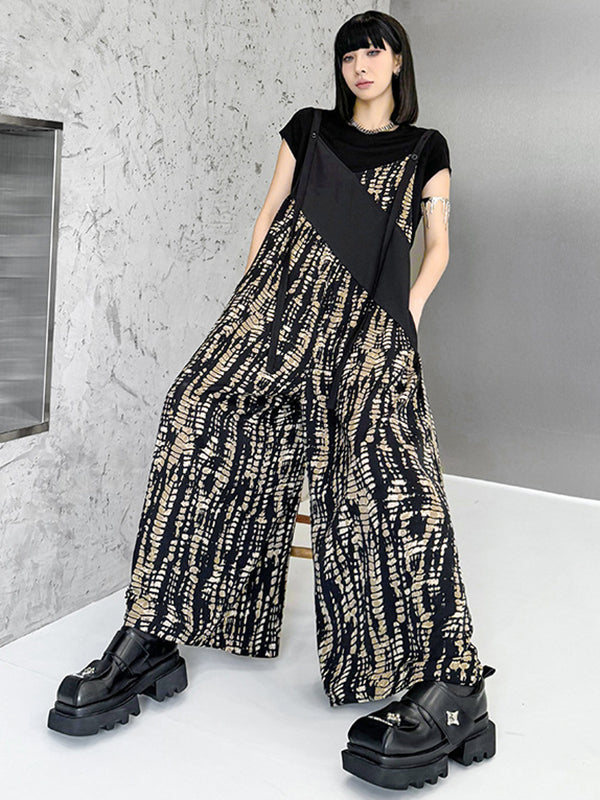 Asymmetric Contrast Color Printed Split-Joint Loose Sleeveless Spaghetti-Neck Overalls