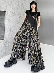 Asymmetric Contrast Color Printed Split-Joint Loose Sleeveless Spaghetti-Neck Overalls