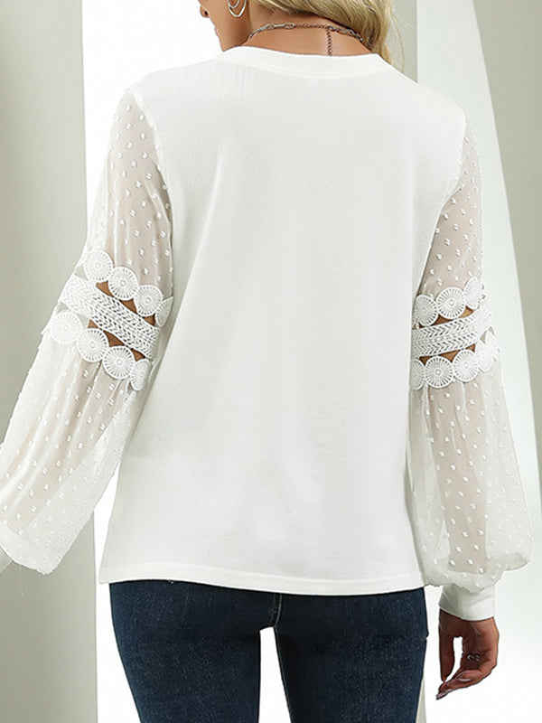 Hollow Solid Color Split-Joint Long Sleeves Puff Sleeves Round-Neck T-Shirts Tops