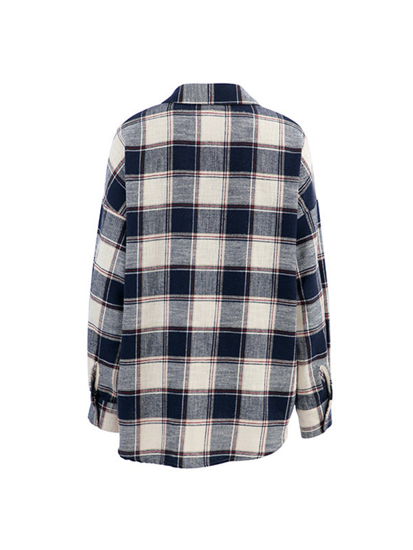 Plaid Split-Joint Long Sleeves Loose Lapel Blouses&Shirts Tops