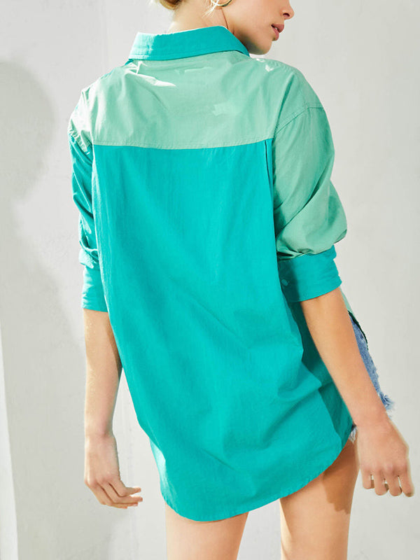 Buttoned Contrast Color Loose Wrap Lapel Blouses&Shirts Tops