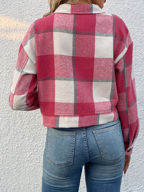 Buttoned Plaid Pockets Split-Joint Long Sleeves Loose Lapel Outerwear Jackets
