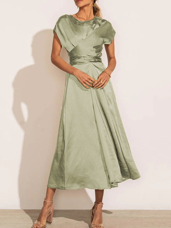 Solid Color Split-Joint Tied Waist Loose Short Sleeves Round-neck Midi Dresses