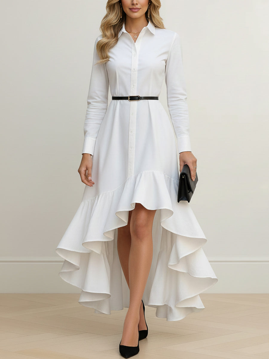 Buttoned No Belt Ruffled Solid Color High Waisted High-Low Lapel Maxi Dresses