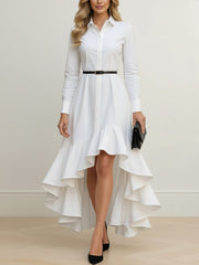 Buttoned No Belt Ruffled Solid Color High Waisted High-Low Lapel Maxi Dresses