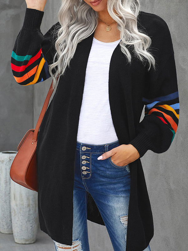 Colorful Contrast Color Striped Long Sleeves Loose Collarless Cardigan Tops