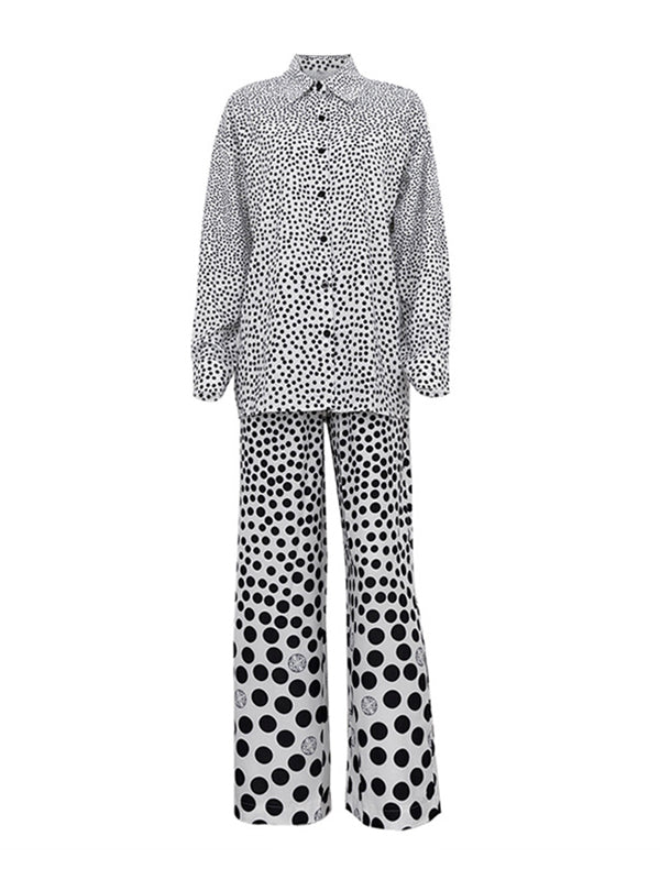 Polka-Dot Long Sleeves Loose Buttoned Contrast Color Pockets Lapel Blouses Tops + Pants Bottom Two Pieces Set