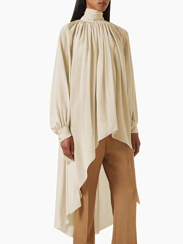 Pleated See-Through Solid Color Tied High-Low Long Sleeves High Neck Blouses&Shirts Tops