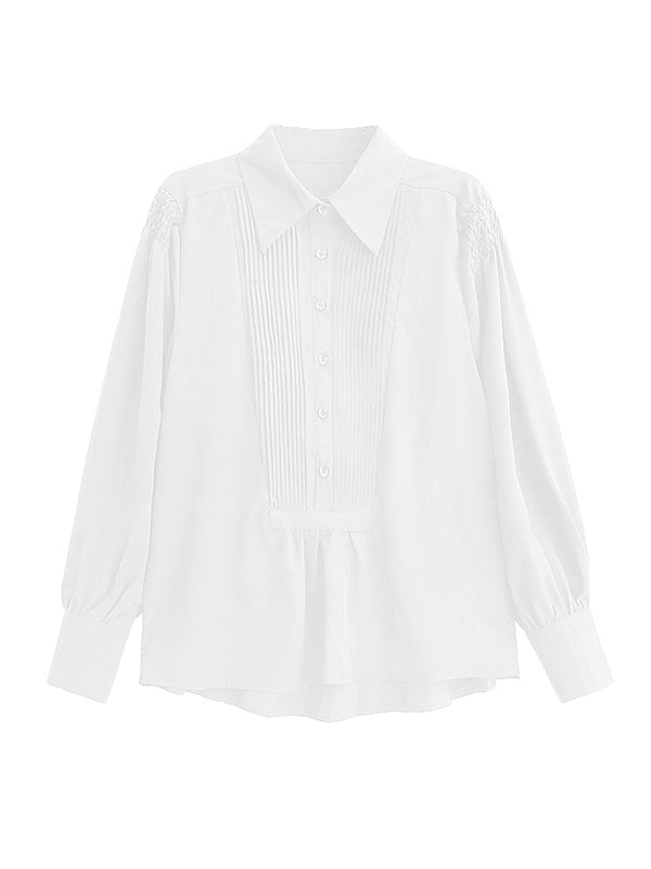 Buttoned Pleated Solid Color Long Sleeves Loose Polo Blouses&Shirts Tops