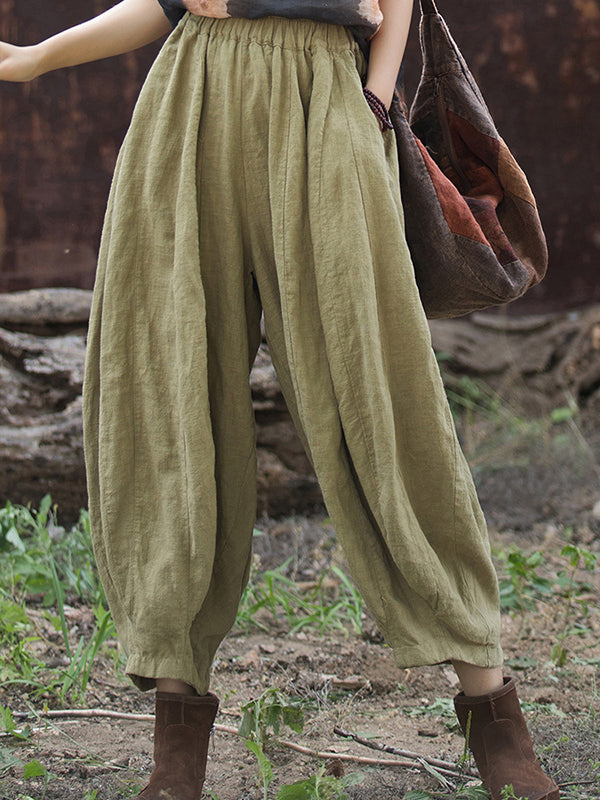 Elasticity Pleated Pockets Solid Color Split-Joint Bloomers Loose Casual Pants Bottoms
