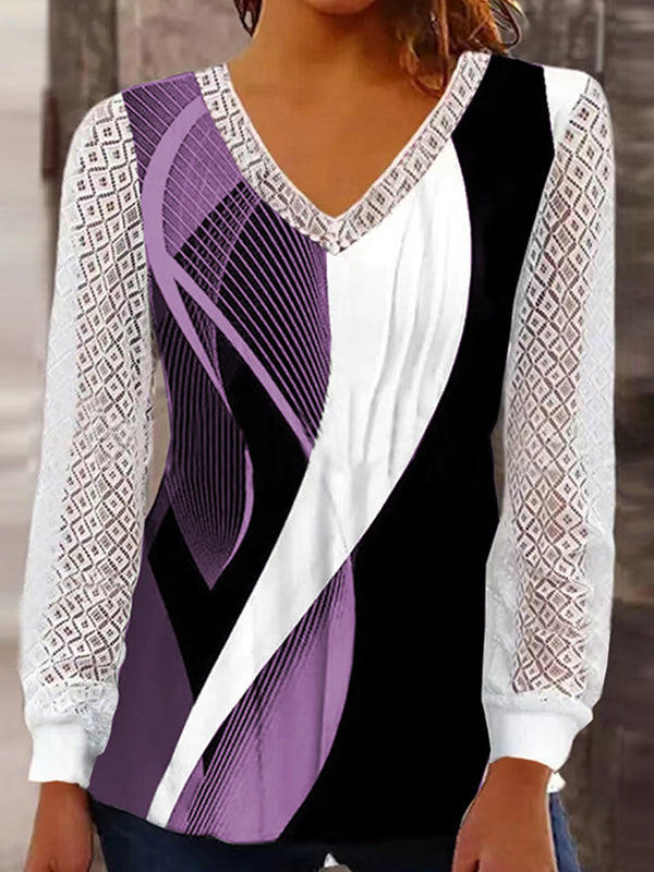 Printed See-Through Split-Joint Long Sleeves Loose V-neck T-Shirts Tops