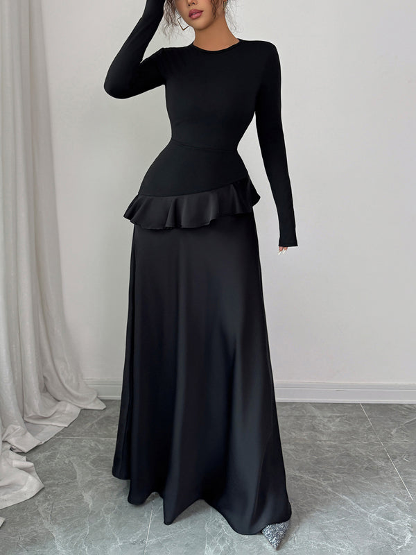 Ruffle Trim Solid Color Split-Joint A-Line High Waisted Round-Neck Maxi Dresses