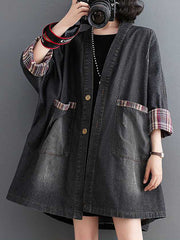 Buttoned Plaid Pockets Split-Joint Long Sleeves Loose V-Neck Denim Outerwear