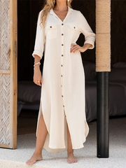 Long Sleeves Loose Buttoned Pockets Split-Side Lapel Maxi Dresses Shirt Dress