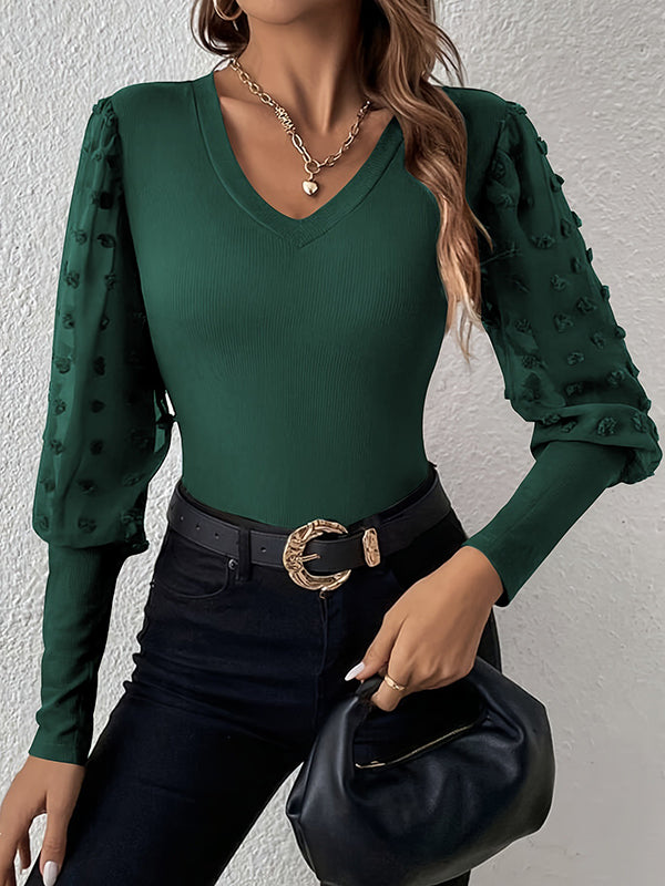 Jacquard Mesh See-Through Solid Color Split-Joint Long Sleeves Puff Sleeves V-Neck T-Shirts Tops