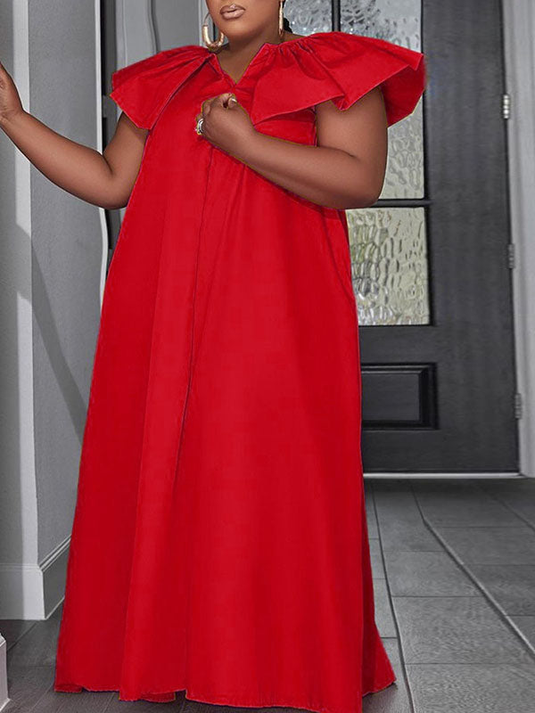 Cap Sleeve Loose Solid Color V-Neck Maxi Dresses