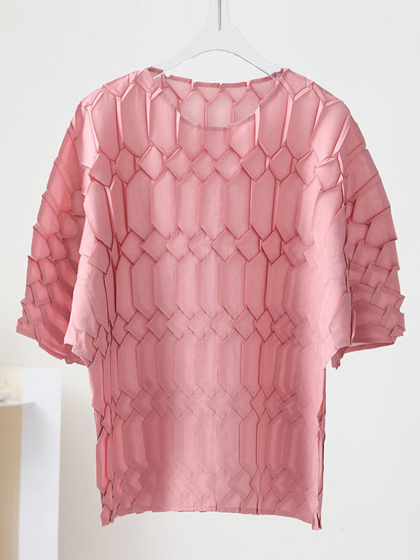 Original Loose Half Sleeves Pleated Solid Color Round-Neck T-Shirts Tops
