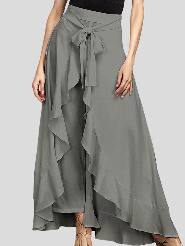 Ruffle Trim Solid Color Split-Joint Tied Waist Zipper Loose Culotte