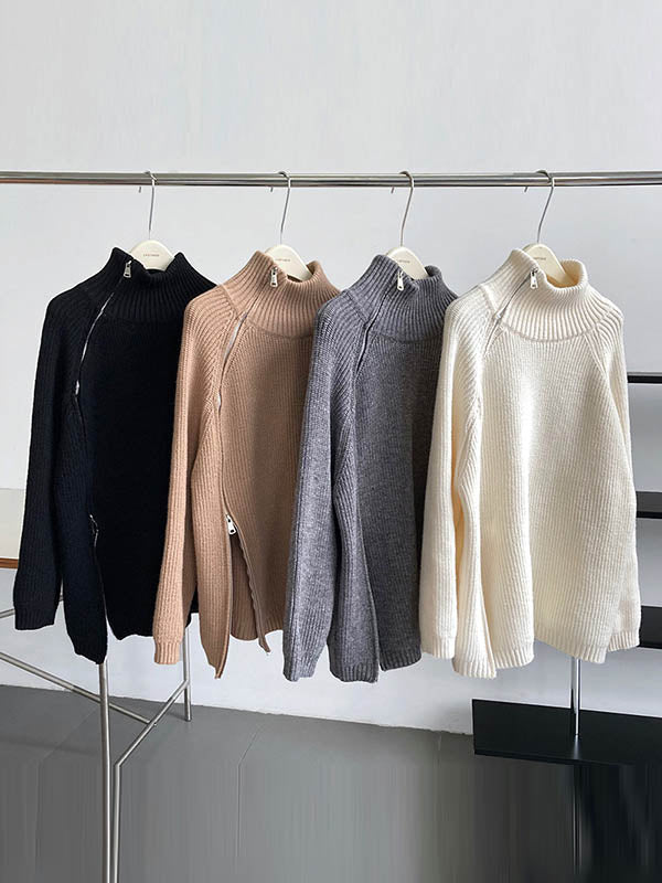 Split-Joint Split-Side Zipper Long Sleeves Loose High Neck Sweater Tops