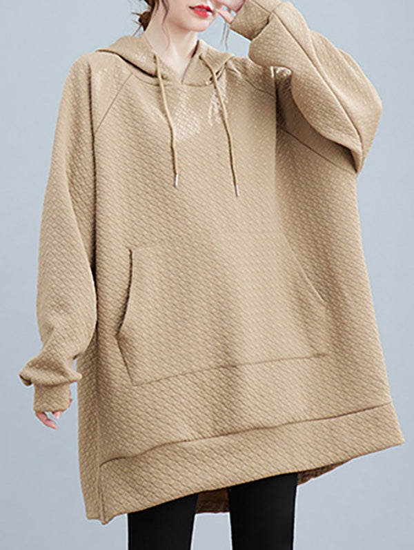 Buttoned Drawstring Pockets Solid Color Split-side High-low Long Sleeves Hooded Hoodies Tops