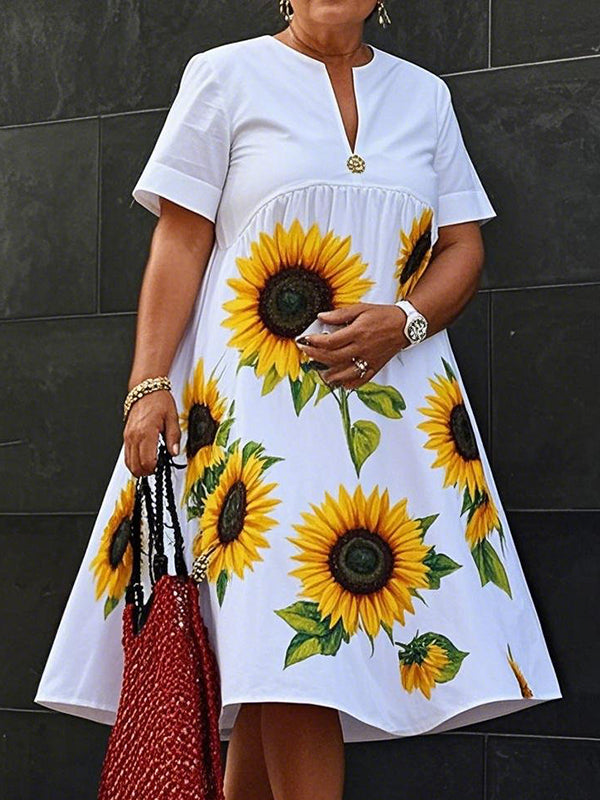 Flower Print Pleated A-Line Loose V-Neck Midi Dresses