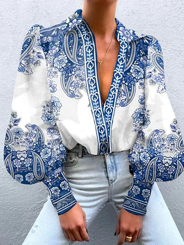 Buttoned Flower Print Long Sleeves Loose V-Neck Blouses&Shirts Tops