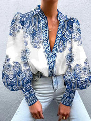 Buttoned Flower Print Long Sleeves Loose V-Neck Blouses&Shirts Tops