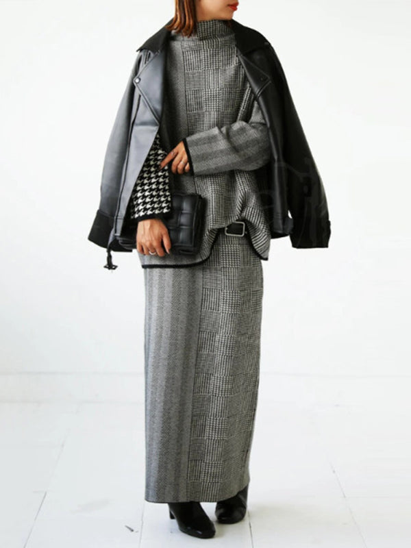 Houndstooth Plaid Long Sleeves Loose High Neck Sweater Tops Pullovers