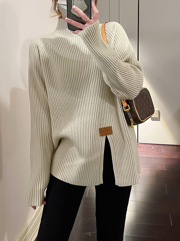Split-Front Long Sleeves Loose Mock Neck Sweater Tops Pullovers